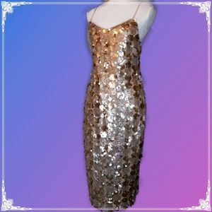 NWT the room Gold Sequin Evening Gown Backless Lge